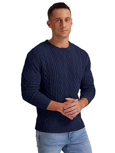 Hisir Men's Cable Knit Jumper, Thick Warm Crew Neck Winter, Navy Blue, XXL — view 4