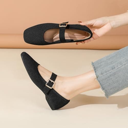 Deehuion Mary Jane for Women Square Toe Knit Ballet Flats Ankle Strap Shoes — view 2