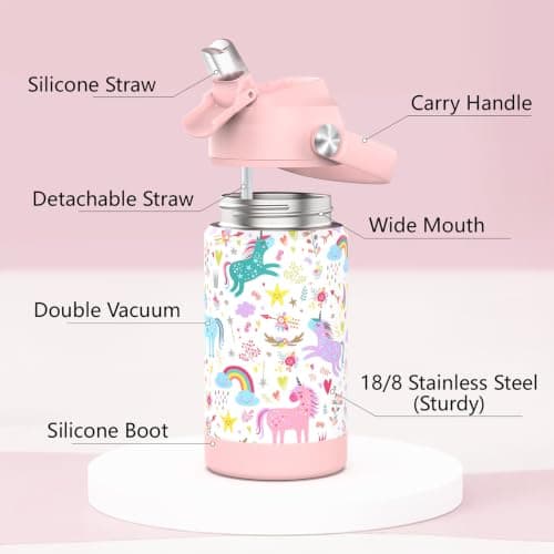 ntskood Girls Unicorn Water Bottle for School，Kids 12 oz Insulated Stainless Steel Cup with Straw, Double-Wall Vacuum Leakproof — view 4