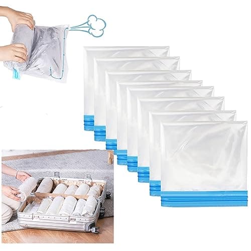 Roll Up Storage Bags for Travel, 8 Pack 2sizes 4(60 x 40 cm)+4(50 x 35 cm) Space Saver Pack Storage bag Travel Compression Bags for Suitcases, No Vacuum Needed