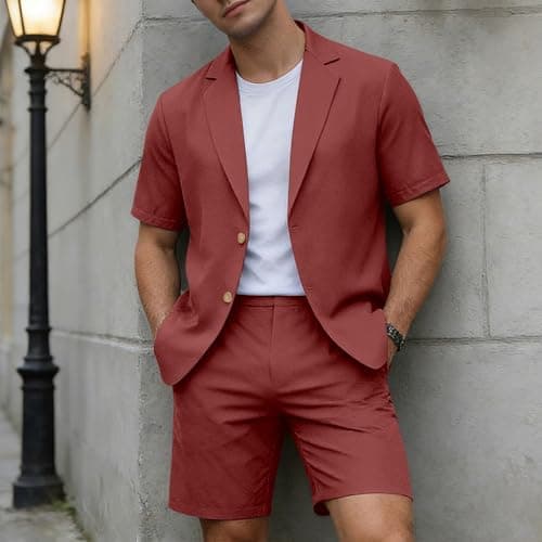 Men's Linen Summer Lightweight Suits Short Summer Shirt Set Figure-Shaping Travel Linen Suit Urban Expedition Oversize Short Sleeve Suit Beach Two Piece Leisure Suit, O Brick Red, M — view 3