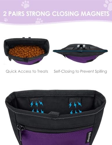 Gobeigo Dog Treat Pouch and Training Clicker, Upgrade Two Magnetic Closure to Prevent Spills, 2 Cup Treat Bag with Poop Bag Dispenser, Metal Clip Waist Belt Fanny Pack for Pet Walk (Black/Purple) — view 3