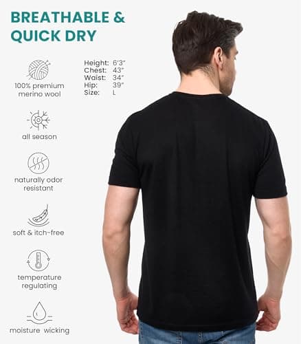 100% Merino Short Sleeve Shirts Men, Henley T-Shirt Mens, Shirt with Pocket (Large, Black V) — view 2