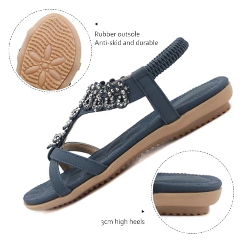 Amissz Women Sandals Flat Shoes Comfort Walking with Non Slip on Casual Summer Beach Sandals Dress Ankle Elastic Open Toe Rhinestone Bohemian Navy blue Size 7 — view 5