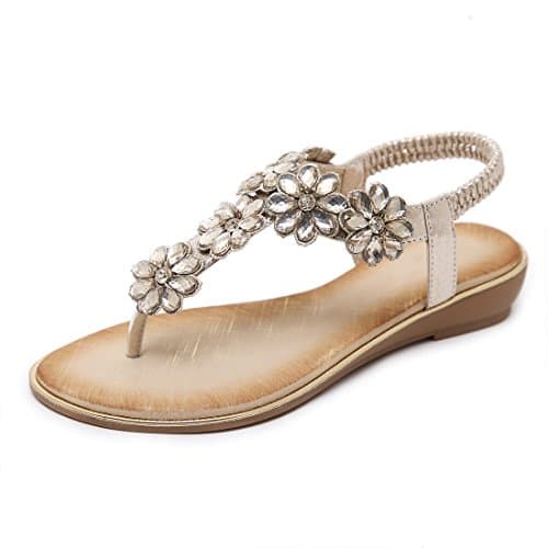 iCKER Women's Flat Sandals Ladies Thong Flat Sandals Bohemian Beaded Strap Sandals Diamante Rhinestone Leather Sandals, 4UK(label size 38), Gold