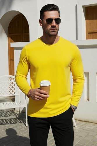 SMENG Men's Warm Winter Long Sleeve Base Layer, 100% Cotton Heavyweight Top, Cozy Insulating Undershirt for Autumn Yellow XXL — view 3