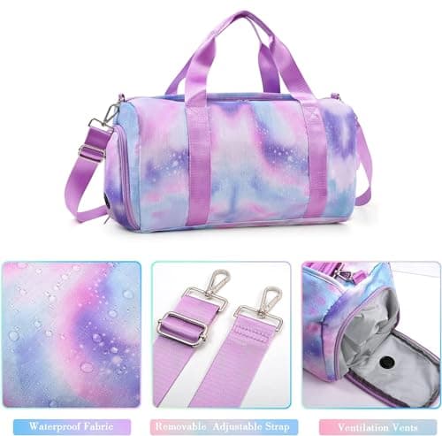 Teens Women Travel Bagwith Shoe Compartment & Wet Compartment Swimming Bag, Children's Girls Travel Bag for Gymnastics Swimming Cute Colourful Dance Bag Rainbow Pattern Sports Bag, Purple, — view 3