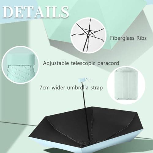 Travebo Mini Folding Travel Umbrella/Parasol/Wide Strap Keeps Tidy & No Mess/Compact/Flat Handle/Waterproof Rain/Sun/Purse/Pocket/6Ribs/UPF 50+/UV Protection/Men Women Kids/Ultra-Lightweight — view 6