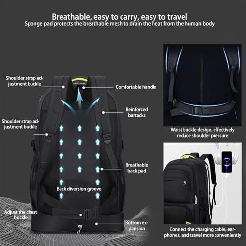Nayubo 65L Hiking Backpack for Men Waterproof Expandable Travel Backpack Carry On Backpack Casual Daypack Large Rucksack for Camping Outdoor Sports Trekking (Black) — view 6