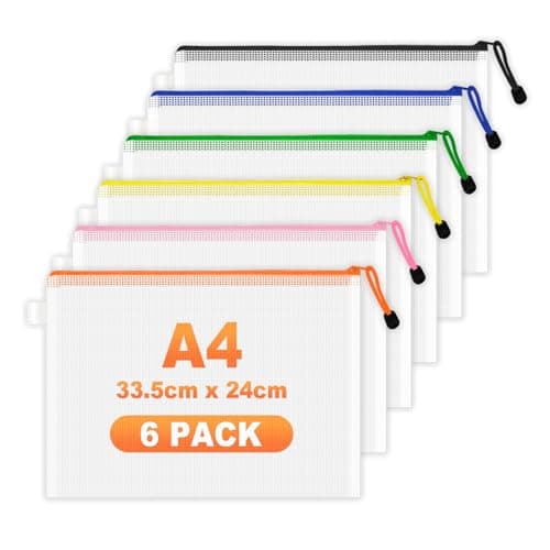 FOSHISY 6 Pack A4 Plastic Zip Wallets, Plastic Zip File Folders, 6 Colors
