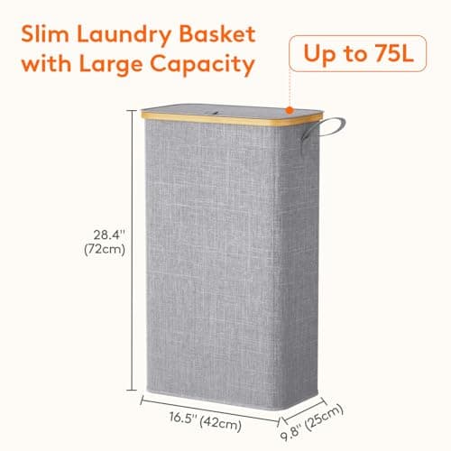 Lifewit 75L Slim Laundry Basket with Lid, Narrow, Removable Bag, Grey — view 3