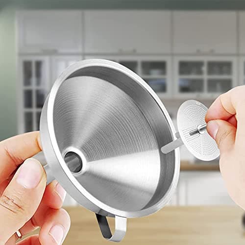 Kitchen Funnels 13cm Stainless Steel Funnel Set with Handle Filter Removable Strainer and Brush 200 Mesh Strainer for Jam Oils Juice Coffee Cooking Transferring Liquid — view 3