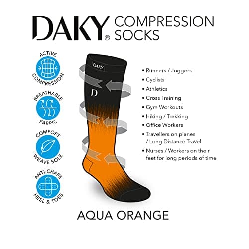 DAKY Compression Socks for Men Women - Athletic, Hiking, Walking, Running, Sports - Travel, Flight, Pregnancy Socks (Aqua Orange, M/L) — view 2