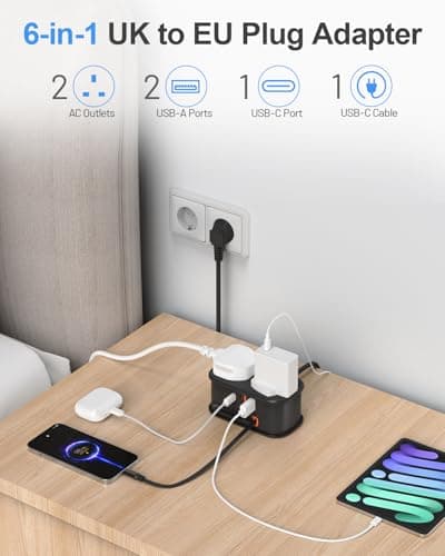 UK to European Plug Adapter with 1.5M Extension Cable，FDTEK 2 Way Travel Extension Lead with 3 USB Slots & Retractable USB C Cable, Type E/F Travel Adapter for Germany France Spain Greece etc — view 2