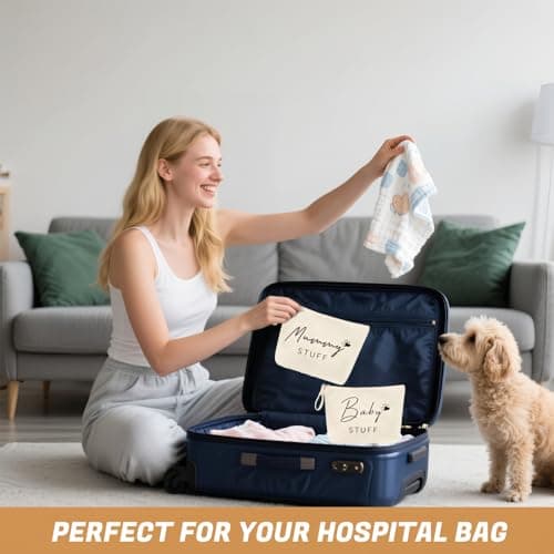 Mum to Be Gifts, 2 Pcs White Canvas Makeup Bags with Zipper & Handle, New Mum Gifts for Pregnancy Essentials, Baby Shower Bag for Women, Toiletry Pouch for Maternity Travel — view 2