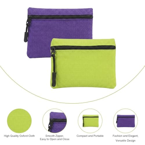 2 Pack Coin Purse Pouch Small Purses Coin Wallets for Men Women Money Pouch Oxford Cloth Mini Purse with Zipper for Women Men Daily Travel Shopping and Outdoor Activities (Green + Purple) — view 3