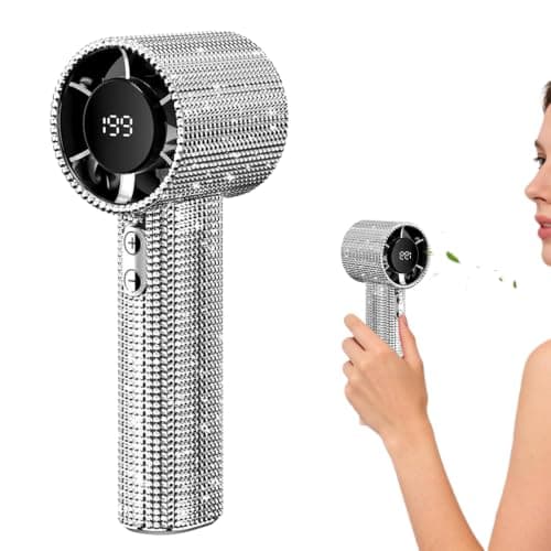 Glitter Diamond-Design Handheld Fan, Portable Turbo Fan with 100-Speed Adjustable Airflow, 1800mAh Rechargeable Mini Fan with LED Display, Quiet Personal Cooling Fan for Travel Office Outdoor (Silver)