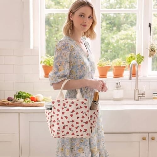 Arae Corduroy Insulated Lunch Bag Large Reusable Tote with Side Pockets Cooler Box for Work Picnic Travel Water Bottle Holder Collapsible Portable - Beige Heart — view 5