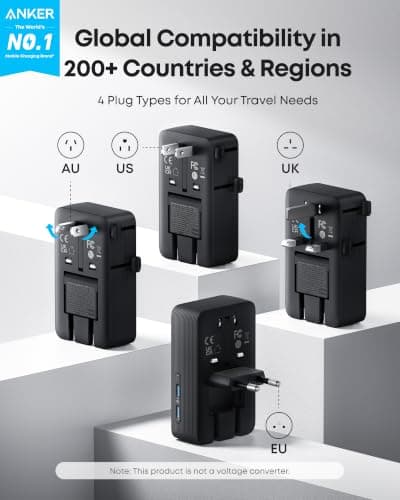 Anker Universal Travel Adapter 5-in-1 for UK/EU/US/AU, 20W USB-C + 4 USB Ports, Compact Power Plug Converter with AC Socket for 200+ Countries | Ideal for UK Travel & EU Expats (Black) — view 2