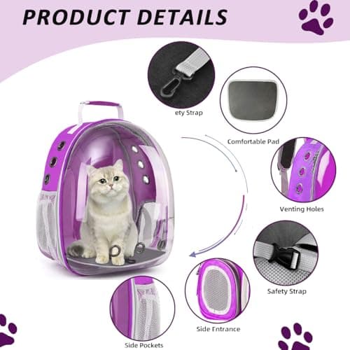 ZHUIYIWIN Cat Carrier Backpack, Expandable Cat Carrier Backpack, Ventilated Cat Bubble Backpack for Pet, Pet Carrier for Travel Hiking Walking Camping (Purple, Rear Extension) — view 4