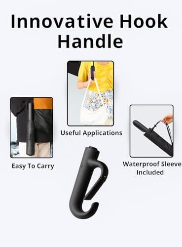RainHaven Windproof Compact Umbrella – Automatic Open Close Premium Folding Umbrella for Travel, Lightweight & Small, Black with Hook Handle & Case — view 6