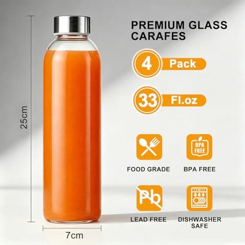 Bayseun Glass Water Bottle 750ML - 3 Pack Empty Glass Bottles with Lids - Leak Proof, Airtight, Wide Mouth, Stainless Steel Lids, Reusable Drinking Bottles for Juice, Milk, Water, Smoothies & Storage — view 4