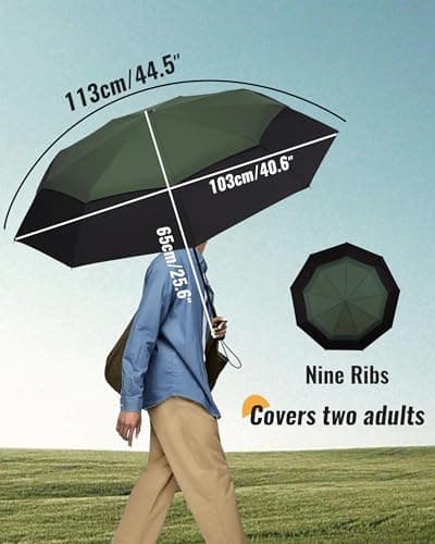 Chakipee Compact Travel Umbrella Windproof Strong- Automatic Folding Umbrellas for Wind and Rain, Double Vented Canopy 210T Fabric 102cm Span - 9 Ribs Portable Umbrella for Men and Women Green — view 3