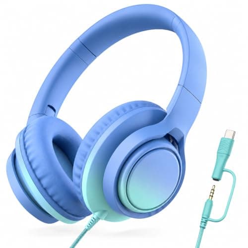 Zollexa Kids Wired Headphones, 85/94dB, Mic, USB-C Adapter, Sky Blue