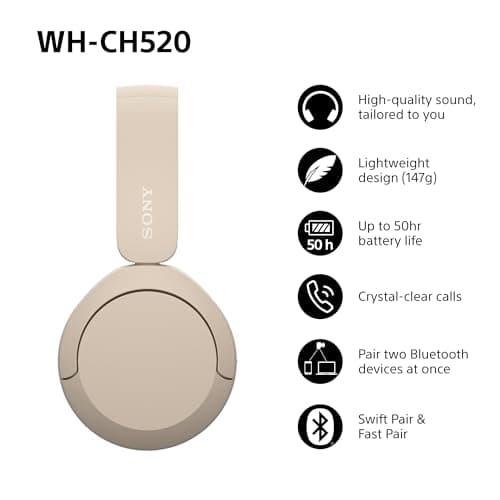 Sony WH-CH520 Wireless Bluetooth On-Ear Headphones, Lightweight Design, Up to 50hr Battery Life, Quick Charge, EQ, Clear Call Quality, iOS & Android - Beige — view 3