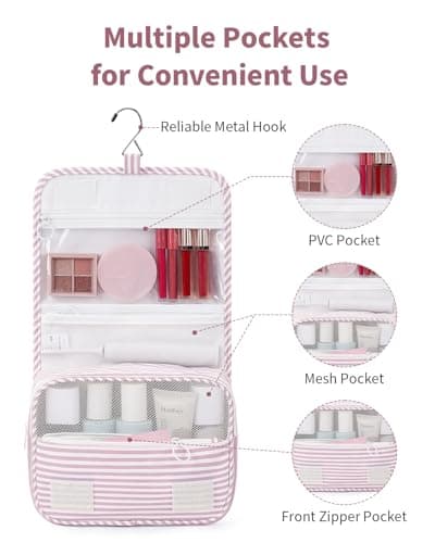 Narwey Hanging Toiletry Bag, Toiletry Bags for Women, Travel Toiletry Wash Bag Women, Toiletries Bag Washbag Makeup Bag Cosmetic Make up Organizer for Essentials (Dusty Pink Stripe) — view 2