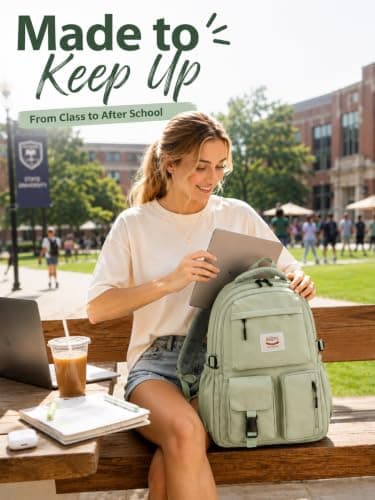 FIORETTO Lightweight School Backpack Womens, Cute School Bag for Teenager Girls, 15.6 Laptop Rucksack Backpack for School Casual Daypacks Travel Backpack for College Work Green 25L — view 2