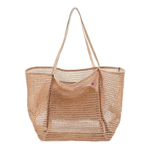 Jenck Foldable Mesh Beach Bag, Large 30L Waterproof Summer Tote Bag with Zipper, Beach Bags for Women with Multiple Pockets, Holiday Essentials Handbag for Summer Holiday Travel Shopping, Brown