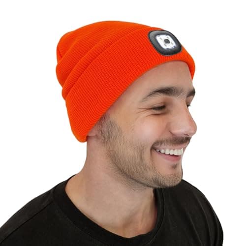 LED Beanie Hat Orange Headlamp Plain Soft Comfortable USB Rechargeable Head Light for Men Women Warm Knitted Winter Woolly Night Running Dog Walker Headwear — view 2