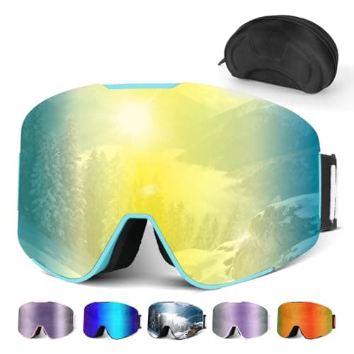 Hikeen Photochromic Ski Goggles - Anti-Fog, 100% UV Protection with 3-Layer Padding for Skiing and Snowboarding Men & Women Includes Storage Case-Light Blue