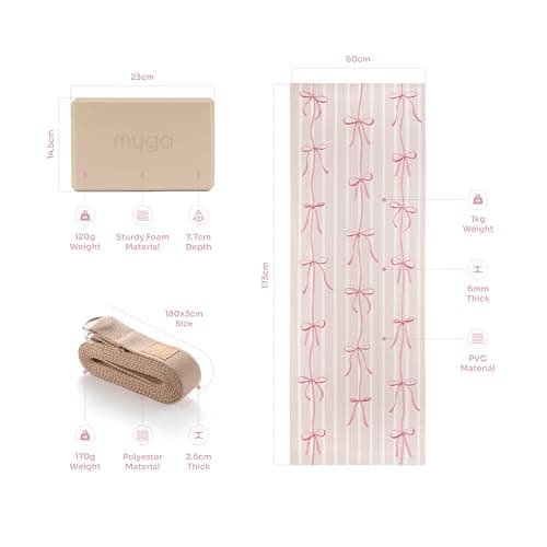 MYGA Yoga Starter Set - 6mm Non-Slip Yoga Mat, Yoga Block and Strap - Starter Kit for Beginners in Pilates, Exercise and Fitness - Choice of Design (Bows) — view 2