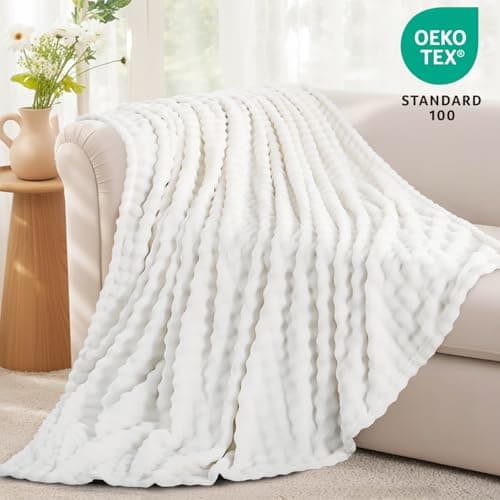RUIKASI Fleece Throw Blanket for Sofa - White Single Fluffy Bubble Throws Cozy Blanket with Reversible Design, Throw 130x150 cm — view 4