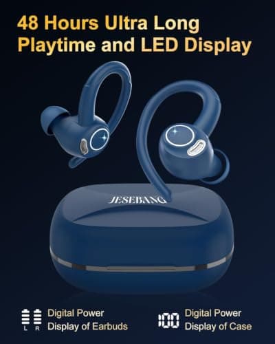 Sports Wireless Earbuds with EarHooks HiFi Stereo Sound with ENC Mic, Blue — view 6