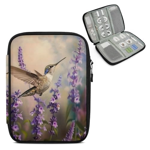 Mintoprints Lavender Floral Electronics Travel Organizer Case, Purple Floral Hummingbird Tech Organizer Pouch Cord Storage Bag for Phone, Cable, Charger, Accessories