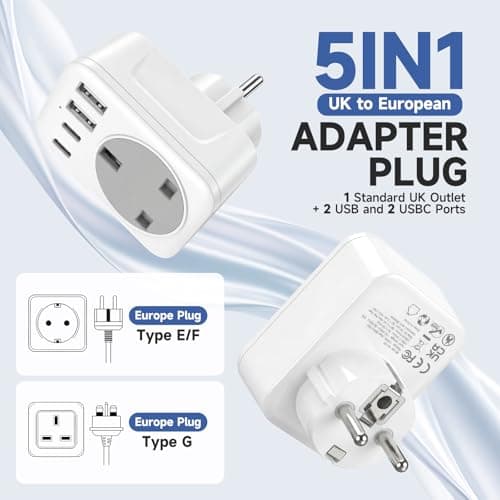 UK to European Travel Adaptor with 4 USB Ports(1 USB C),UK to EU Plug Adaptor – 40W USB C Fast Travel Adaptor, Grounded Type E/F Schuko Charger for France, Spain, Germany, Italy, Turkey, Poland, — view 2