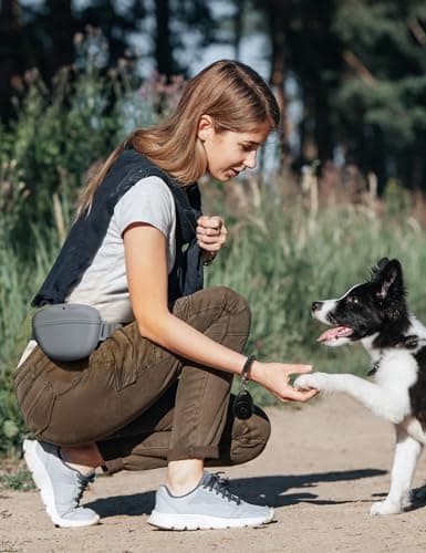 heouvo Dog Treat Pouch with Training Clicker, Upgrade Stronger Magnetic Closure to Avoid Spilling, 1.67 Cup Silicone Treat Bag Fanny Pack with Waist Belt for Pet Training Walking (Gray) — view 3
