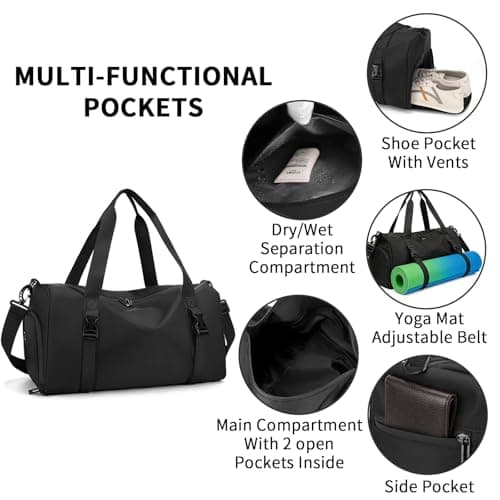 Ogetok Travel Duffel Bag Weekend Overnight Hospital Hand Luggage Bag, Water Resistant Sports Gym Holdall Carry on Tote Bags Cabin Bags with Shoes & Wet Pocket & Trolley Sleeves for Women Men, Black — view 3