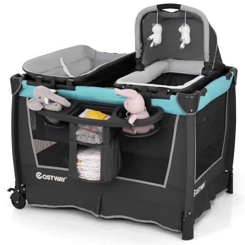 COSTWAY 4 in 1 Foldable Travel Cot, Portable Baby Bed Playard with Bassinet, Changing Table, Cradle, Wheels and Carry Bag, Nursery Center for Boys and Girls (Mint Green)