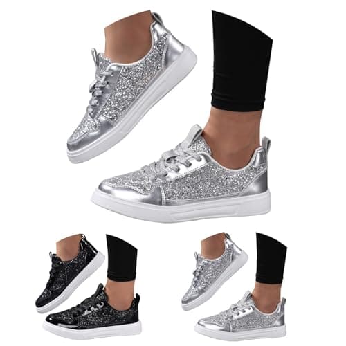 Momolaa New UK 6 Glitter Sparkly Fashion Sneakers Women Low Top Sequins Lace Up Tennis Shoes Comfort Bling Fashion Shiny Walking Shoes Wedding Bridal Shoe Gift Footwear Silver — view 6
