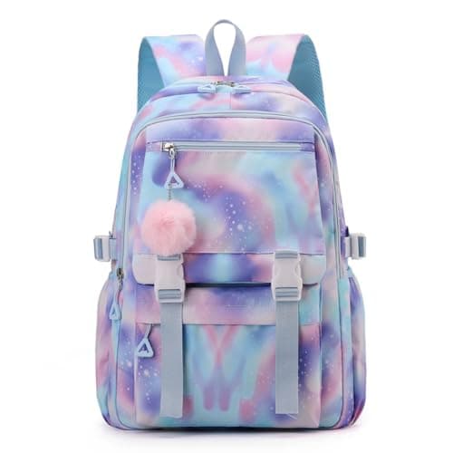 Purple Girls Backpack Kids School Bag with Cute Pendant Elementary Middle Large BookBag for Teen Girls Grade 3-7 Casual Rucksack for School or Travel Outing Anti-Theft Daypack Multiple Pockets 10Years