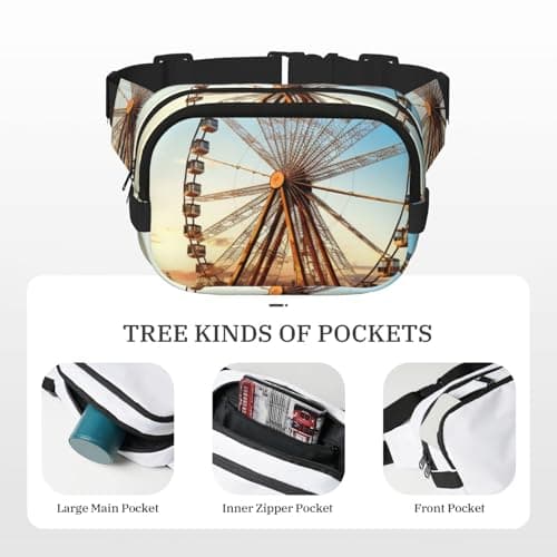 Ferris wheel Fanny Pack for Women Men Travel Wallet Crossbody Bag with 3 Zipper Pockets Waterproof Belt Bag Fashion Small Waist Pack Outdoor Bum Bag Sports Hip Pack — view 5