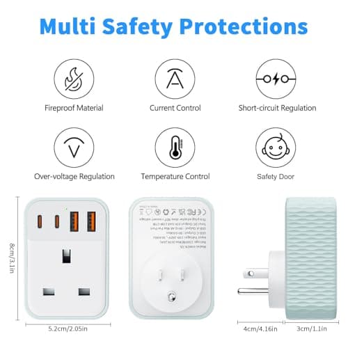 UK to US Plug Adaptor, 5 in 1 USA Travel Adapter with 2 USB A Ports & 2 USB C Ports(5V/3.4A), American to UK Plug Adapter, Plug Adapter from UK to USA for US Canada Mexico Colombia Thailand(Type B) — view 4