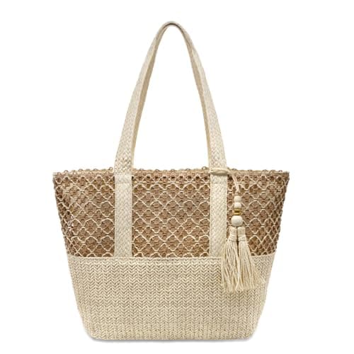 YAMEIZE Straw Woven Beach Shoulder Bags for Women Big Foldable Straw Tote bag Lightweight Raffia Bag with Zipper Summer Vacation