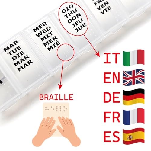 Weekly Pill Organizer Rectangular 7 Compartments 15.3x3.7 cm – Multilingual EN IT DE FR ES with Braille, Reinforced Hinges, Secure Closures — view 3