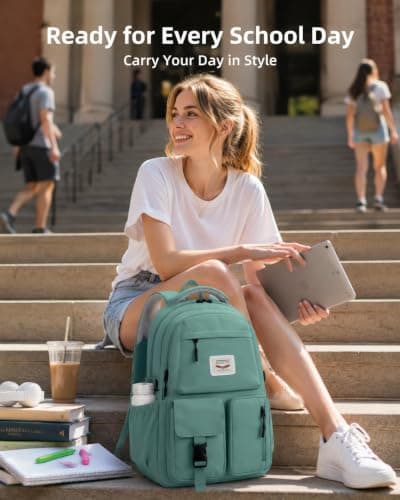 FIORETTO Lightweight School Backpack Womens, Cute School Bag for Teenager Girls, 15.6 Laptop Rucksack Backpack for School Casual Daypacks Travel Backpack for College Work Dark Green 25L — view 2