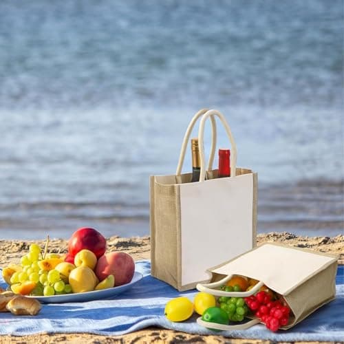 SOUJOY 6 Pack Burlap Tote Bags, 23×25cm Reusable Jute Gift Tote with Handles, Small Beach Bags, Canvas Grocery Shopping Tote for Thanksgiving, Christmas, Bridesmaid, DIY, Shopping, Pool, Wedding Bag — view 3